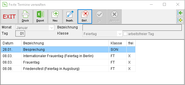 Das Fenster "Feste Termine verwalten"