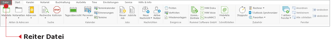 Der Reiter "Datei" im Hauptfenster-Menüband