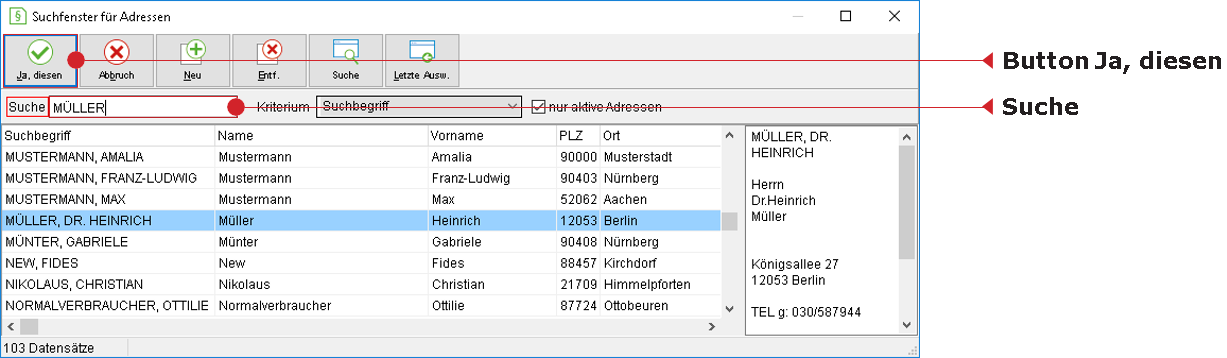 Das Suchfenster für Adressen