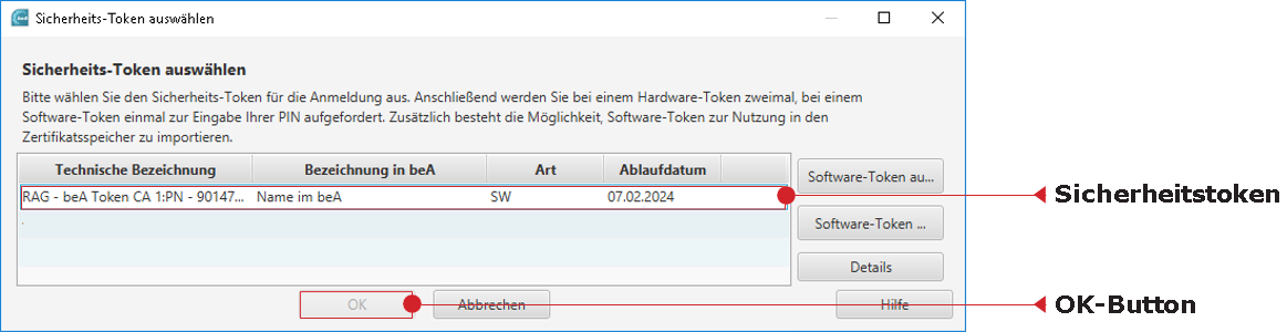 Das Fenster zur Auswahl des Sicherheitstoken