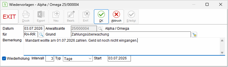 Das Fenster "Wiedervorlagen – Akte"