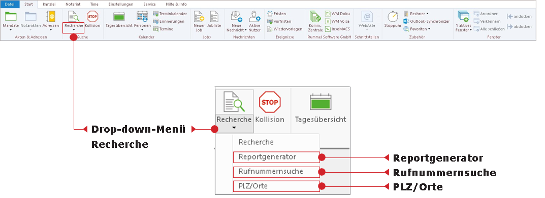 Das Drop-down-Menü des Buttons Recherche im Hauptfenster-Menüband "Start"