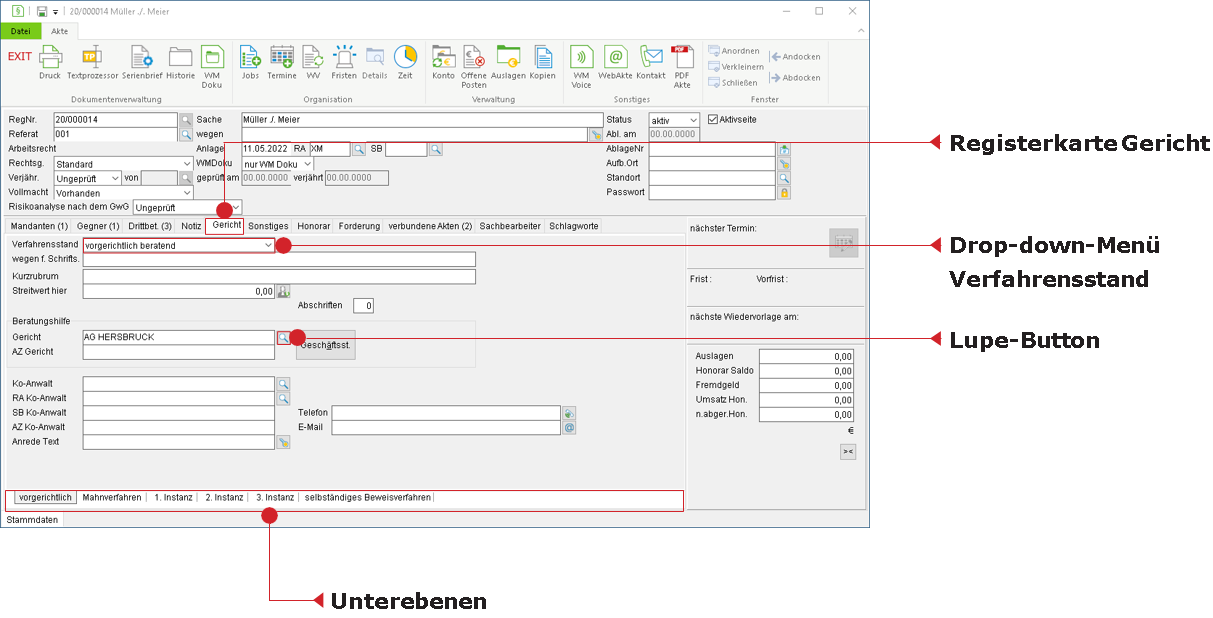Das Akten-Fenster: Registerkarte "Gericht"