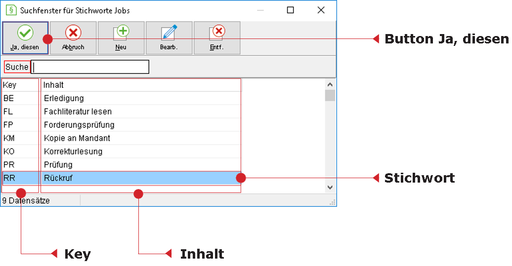 Das Suchfenster für Stichworte Jobs