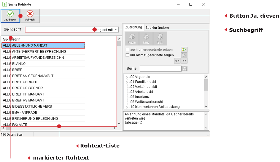 Das Suchfenster für Rohtexte