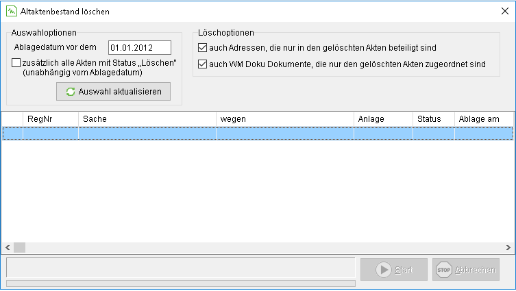Das Fenster "Altaktenbestand löschen"