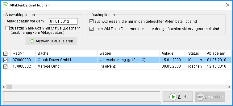 Das Fenster "Altaktenbestand löschen"