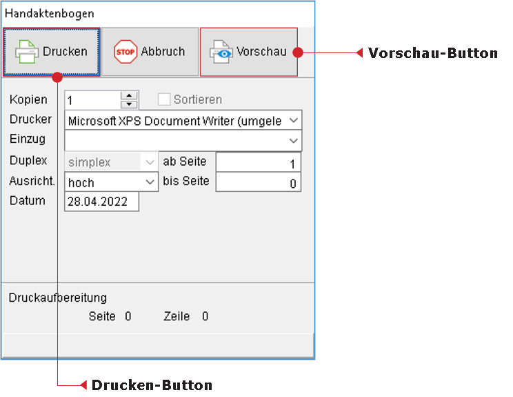 Der Druck-Dialog für den Handaktenbogen