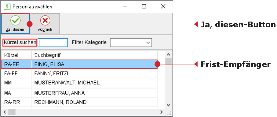 Das Fenster für die Personen-Auswahl
