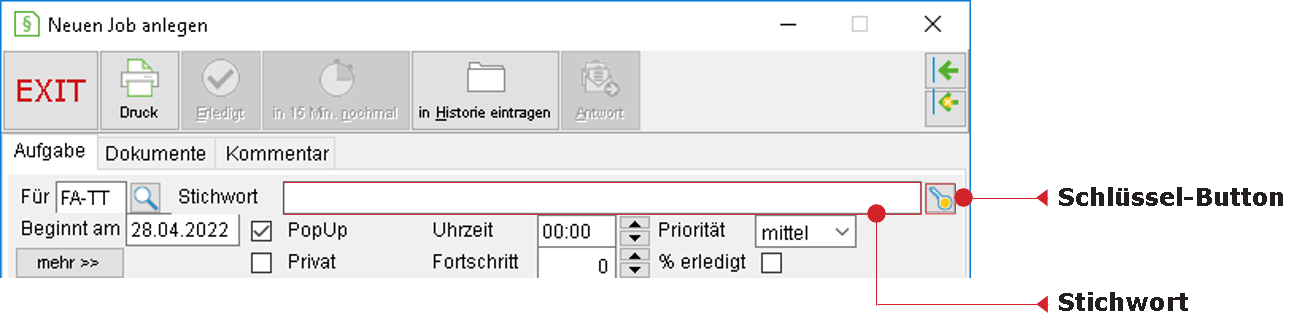 Ausschnitt aus dem Job-Fenster