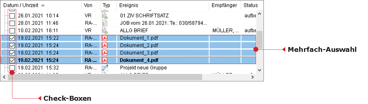 Mehrfachauswahl in der Historie