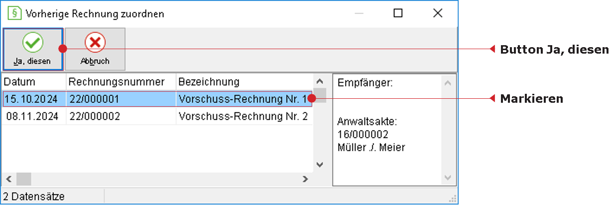 Das Fenster "Vorherige Rechnungen zuordnen"