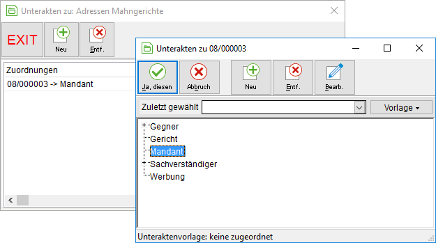 Dialog-Fenster für die Zuordnung von Dokumenten zu Unterakten
