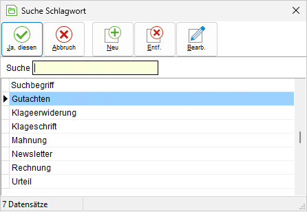 Das Fenster "Suche Schlagwort"