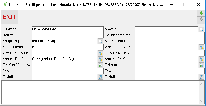 Das Fenster "Notarakte Beteiligte Unterakte"