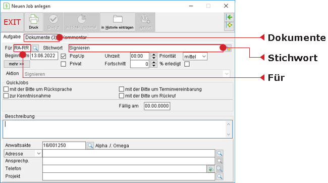 Das Fenster zur Job-Anlage