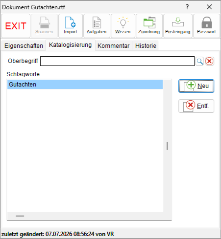 Das Dokumenteigenschaften-Fenster: die Registerkarte "Katalogisierung"