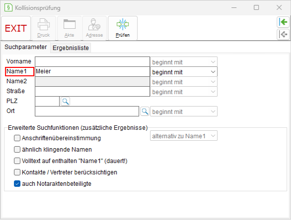 Das Fenster "Kollisionsprüfung": die Registerkarte "Suchparameter"