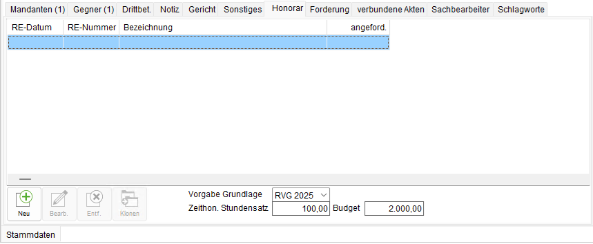 Die Akten-Registerkarte "Honorar"