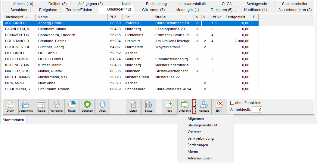 Die Akten-Registerkarte "Gläubiger" mit aufgeklapptem Unterakten-Button