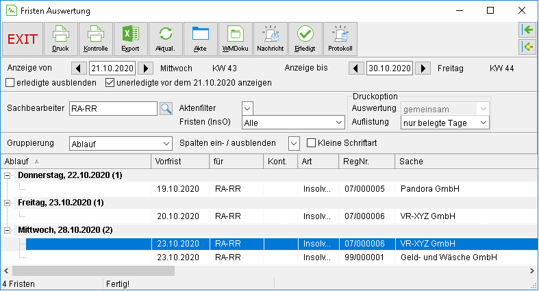 Das Fenster "Fristen Auswertung"
