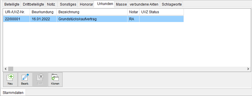 Die Notarakte: die Registerkarte "Urkunden"