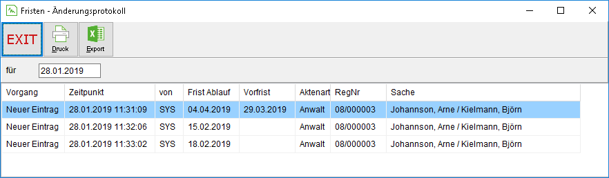 Das Fenster "Fristen – Änderungsprotokoll"