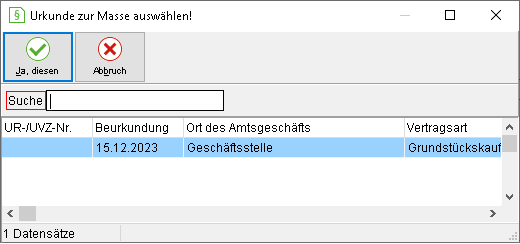 Das Fenster "Urkunde zu Masse auswählen!"