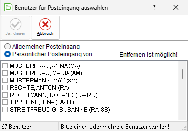 Das Fenster "Benutzer für einen Posteingang wählen"