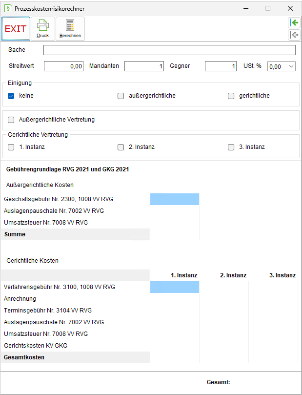 Der Prozesskostenrisikorechner