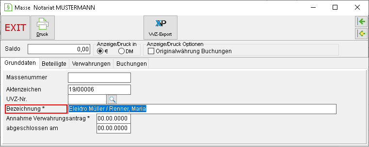 Das Masse-Fenster