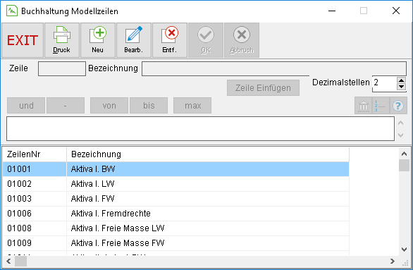 Das Fenster "Buchhaltung Modellzeilen"