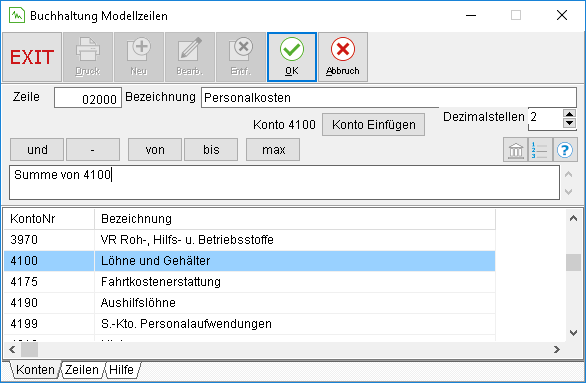 Das Fenster "Buchhaltung Modellzeilen"