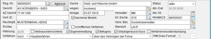 Das Aktenfenster: die Stammdaten bzw. das Rubrum (Ausschnitt)