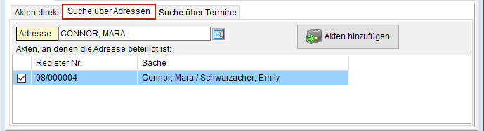 Der Reiter "Suche über Adressen"