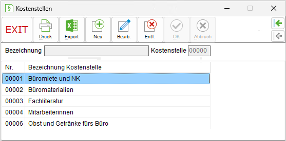 Das Fenster "Kostenstellen"