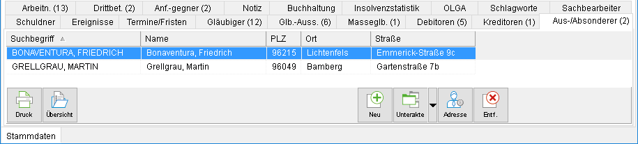 Die Akten-Registerkarte "Aus-/ Absonderer"