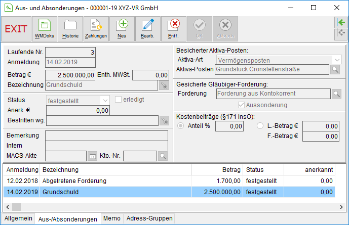 Die Unterakten von Aus-/ Absonderern: die Registerkarte "Absonderungen"
