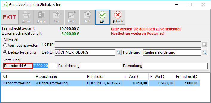Das Fenster "Globalzessionen zu Globalzession"