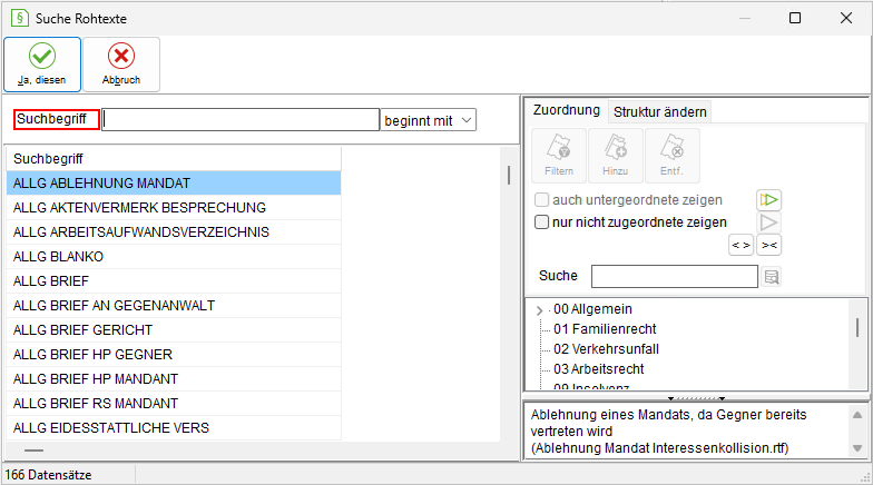 Das Fenster "Suche Rohtexte"