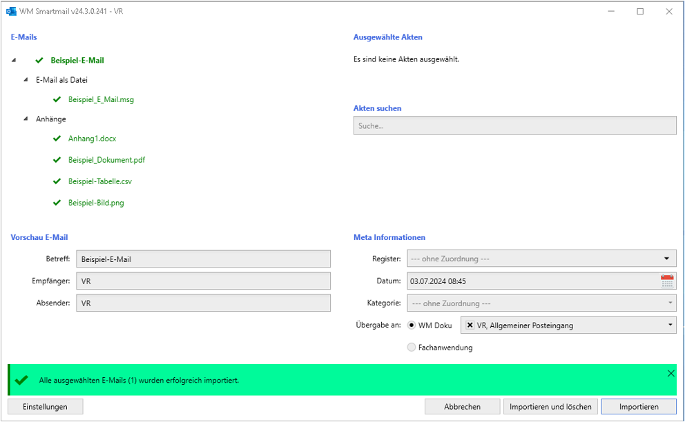 WM-Smartmail: Import-Fenster nach erfolgreichem Import