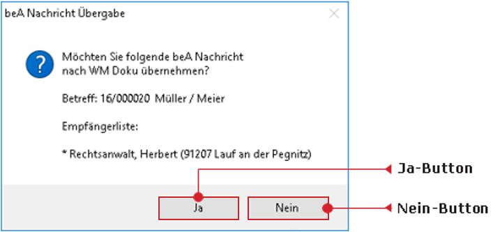 Das Fenster "beA Nachricht Übergabe"