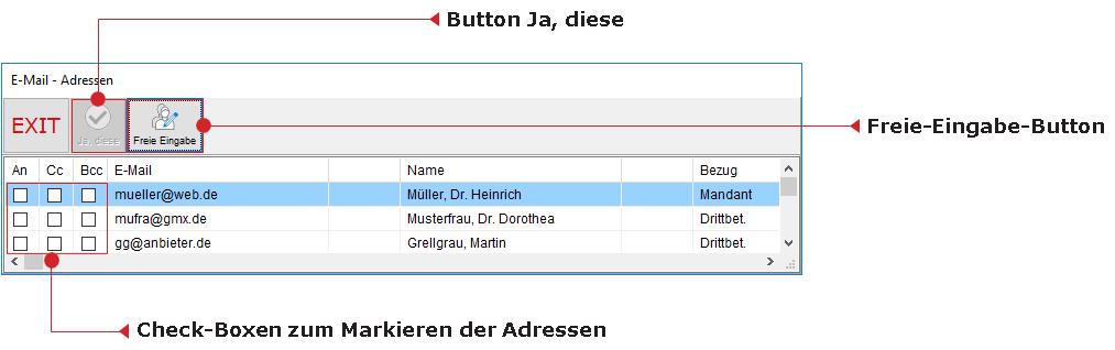Das Fenster zum Auswählen von E-Mail-Adressen