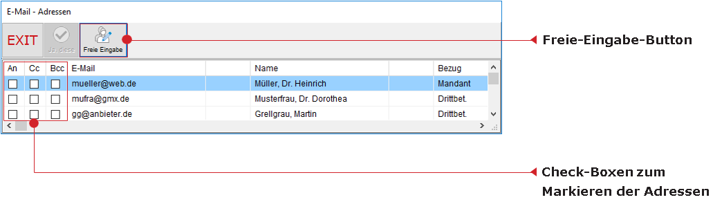 Das Fenster zum Auswählen von E-Mail-Adressen