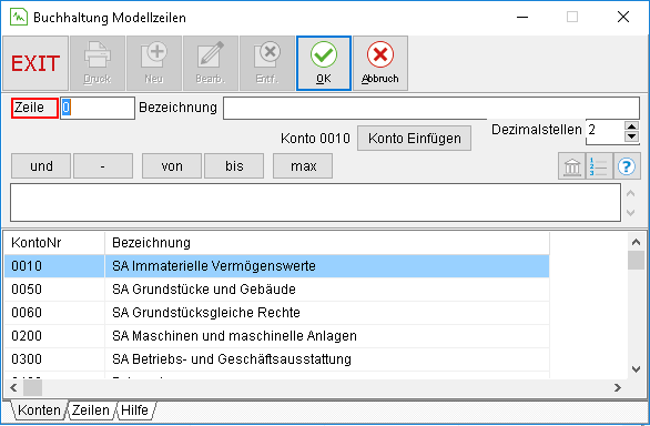 Das Fenster "Buchhaltung Modellzeilen"