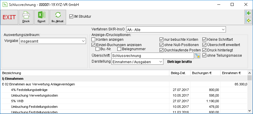 Das Fenster "Schlussrechnung"