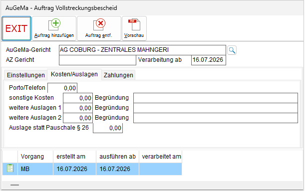 Das Fenster "AuGeMa – Auftrag Mahnbescheid"