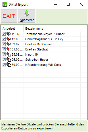 Das Fenster "Diktat Export"