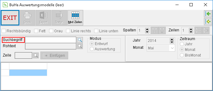 Das Fenster "BuHa Auswertungsmodelle (leer)"