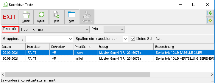 Das Fenster "Korrektur-Texte"